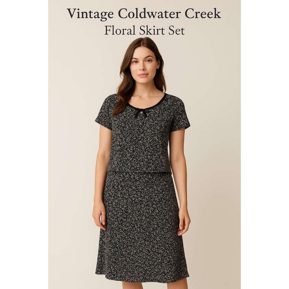 Vtg Coldwater Creek Skirt Set Women 14 Black Silk Floral Short Sleeve Modest NWT - Picture 13 of 13